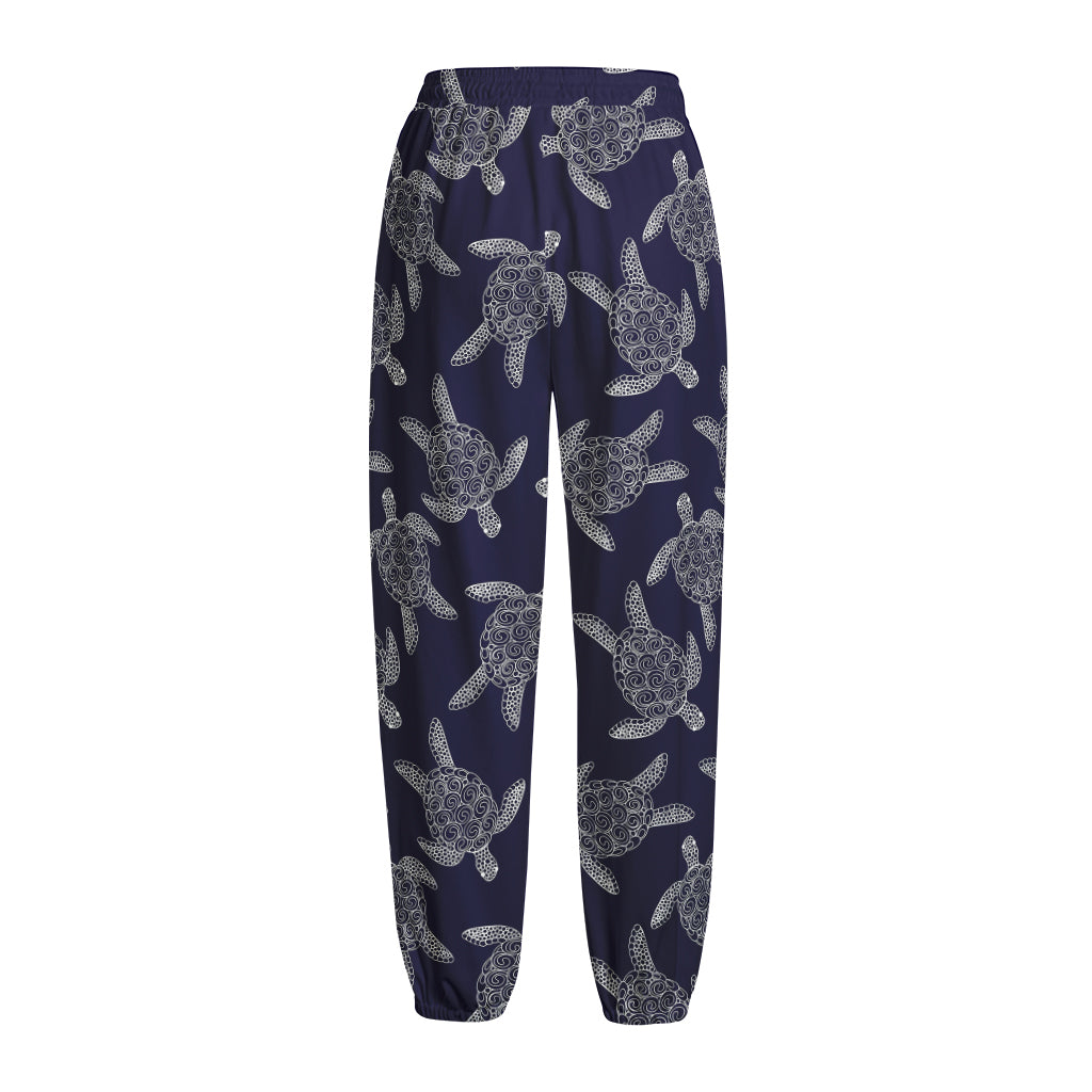 White And Blue Turtle Pattern Print Fleece Lined Knit Pants