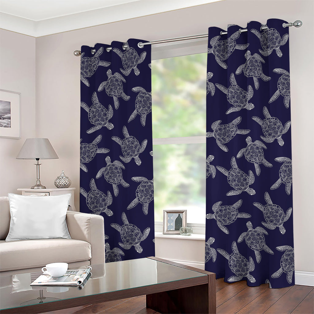 White And Blue Turtle Pattern Print Grommet Curtains