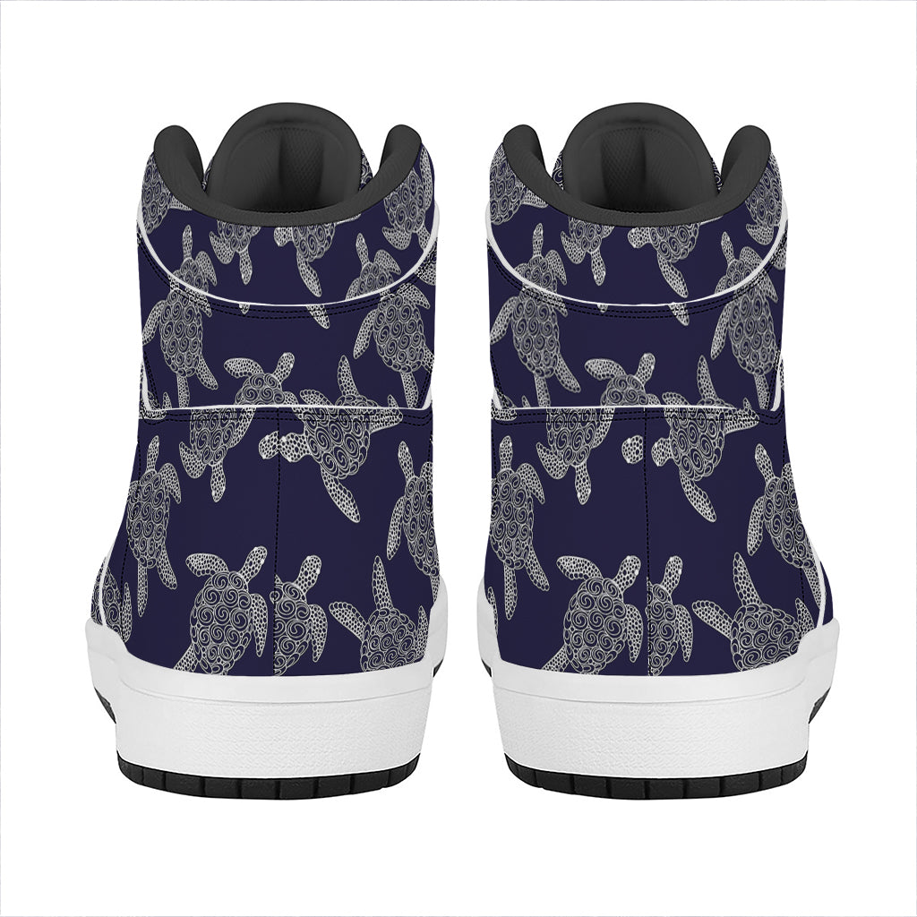 White And Blue Turtle Pattern Print High Top Leather Sneakers