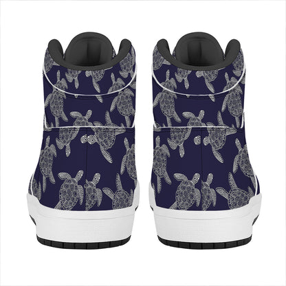 White And Blue Turtle Pattern Print High Top Leather Sneakers