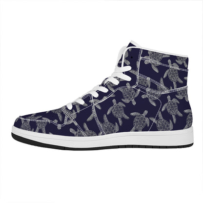 White And Blue Turtle Pattern Print High Top Leather Sneakers