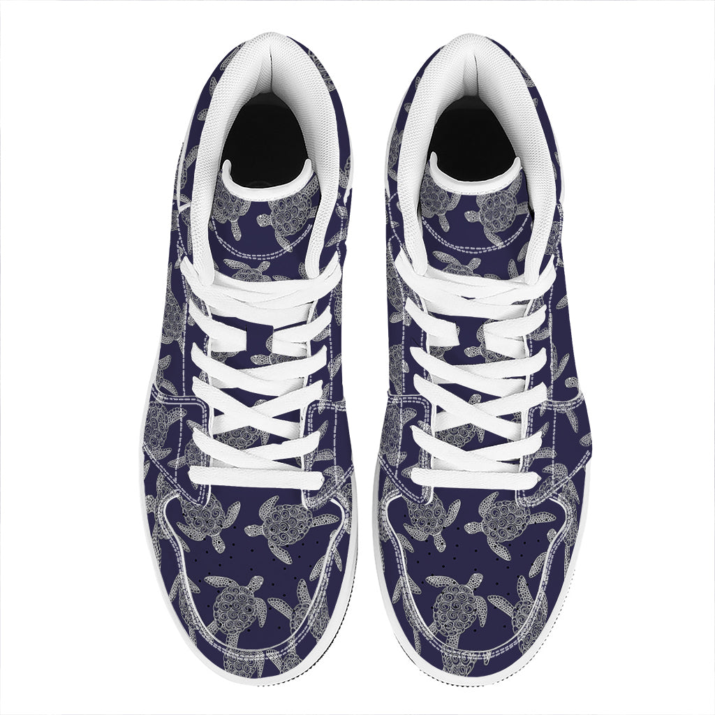 White And Blue Turtle Pattern Print High Top Leather Sneakers