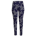 White And Blue Turtle Pattern Print High-Waisted Pocket Leggings