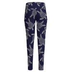 White And Blue Turtle Pattern Print High-Waisted Pocket Leggings