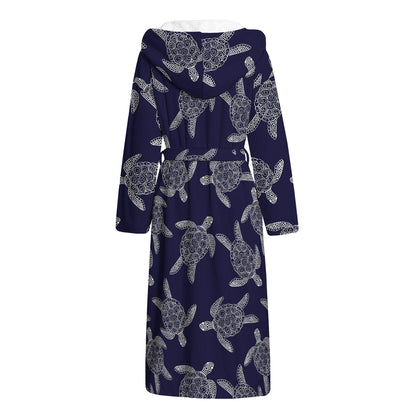 White And Blue Turtle Pattern Print Hooded Bathrobe