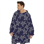 White And Blue Turtle Pattern Print Hoodie Blanket