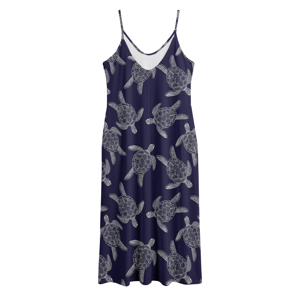 White And Blue Turtle Pattern Print Jersey Midi Cami Dress