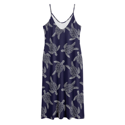 White And Blue Turtle Pattern Print Jersey Midi Cami Dress