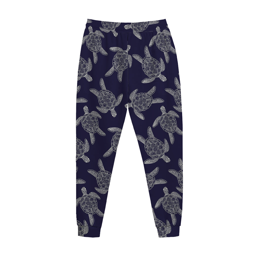 White And Blue Turtle Pattern Print Jogger Pants