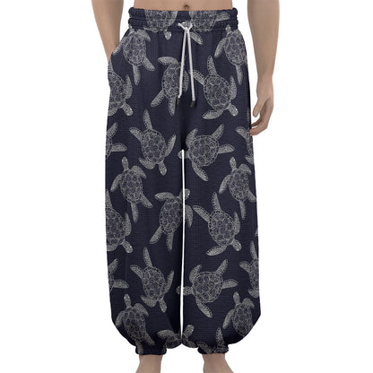 White And Blue Turtle Pattern Print Lantern Pants