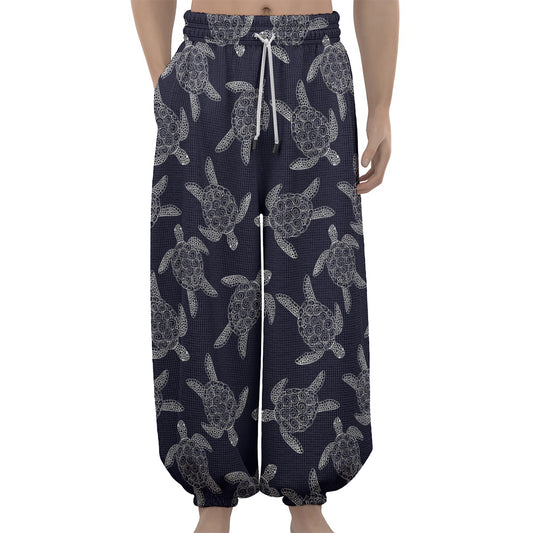 White And Blue Turtle Pattern Print Lantern Pants