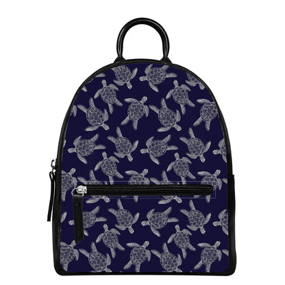 White And Blue Turtle Pattern Print Leather Backpack
