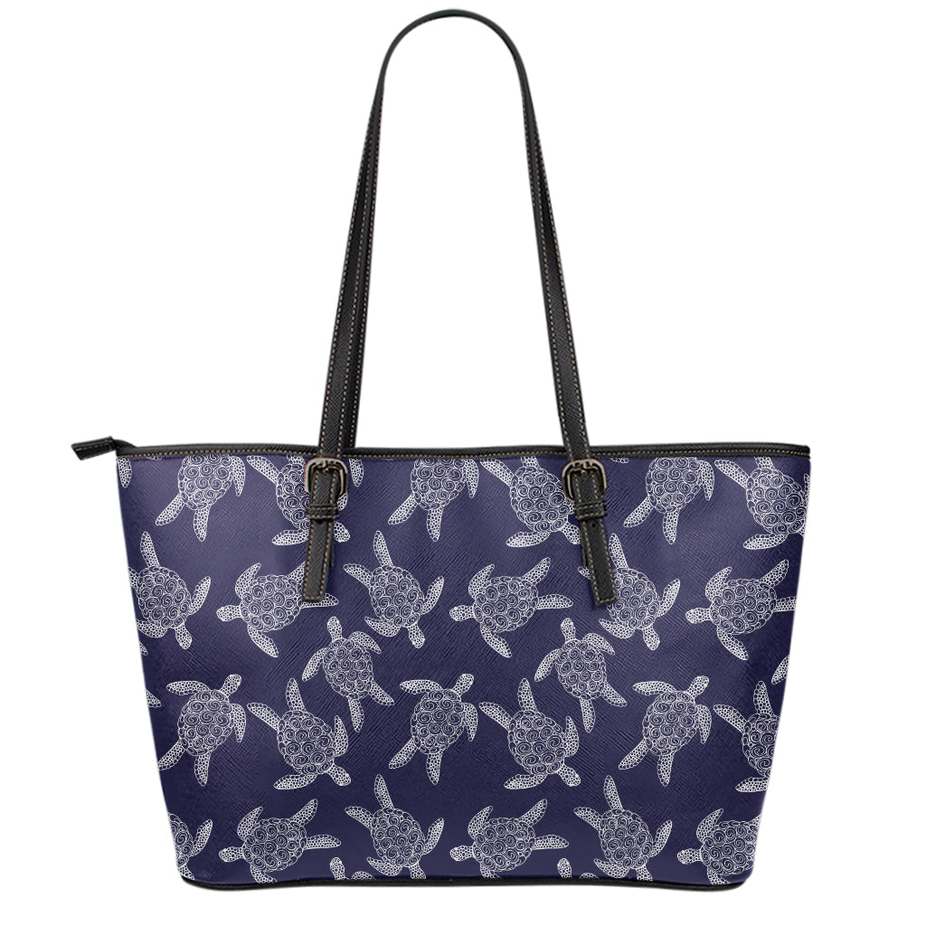 White And Blue Turtle Pattern Print Leather Tote Bag