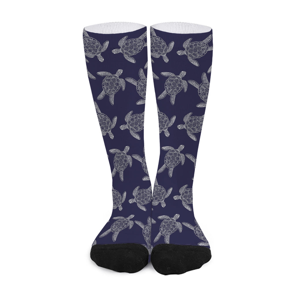 White And Blue Turtle Pattern Print Long Socks