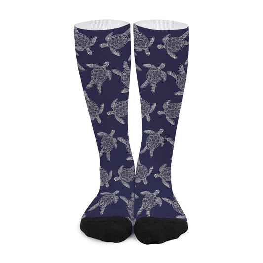 White And Blue Turtle Pattern Print Long Socks