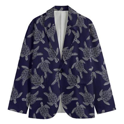 White And Blue Turtle Pattern Print Men's Blazer