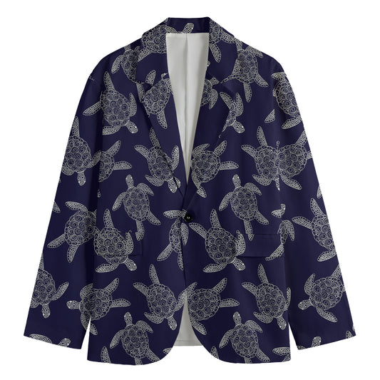 White And Blue Turtle Pattern Print Men's Blazer
