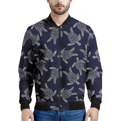White And Blue Turtle Pattern Print Men's Bomber Jacket