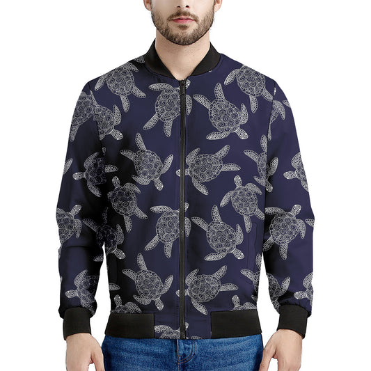 White And Blue Turtle Pattern Print Men's Bomber Jacket