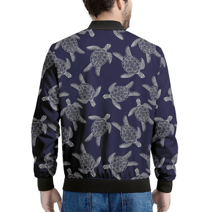 White And Blue Turtle Pattern Print Men's Bomber Jacket