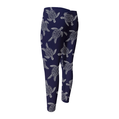 White And Blue Turtle Pattern Print Men's Compression Pants