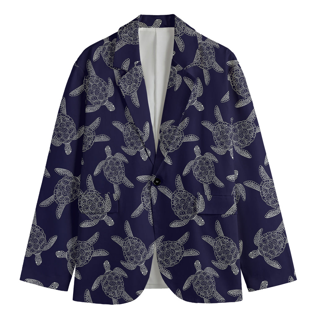 White And Blue Turtle Pattern Print Men's Cotton Blazer