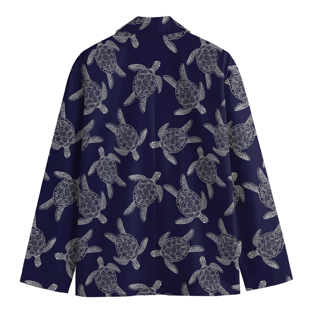 White And Blue Turtle Pattern Print Men's Cotton Blazer