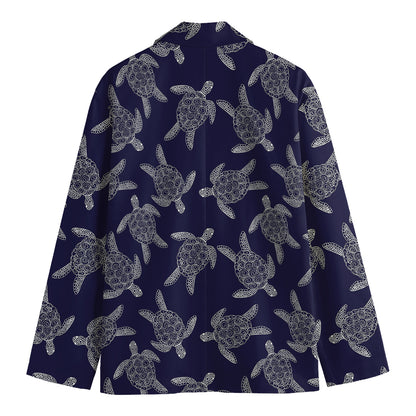 White And Blue Turtle Pattern Print Men's Cotton Blazer