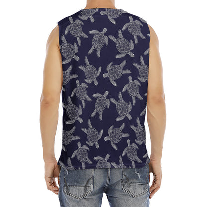 White And Blue Turtle Pattern Print Men's Fitness Tank Top
