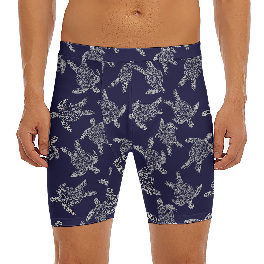 White And Blue Turtle Pattern Print Men's Long Boxer Briefs