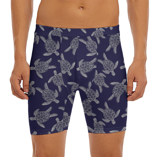White And Blue Turtle Pattern Print Men's Long Boxer Briefs