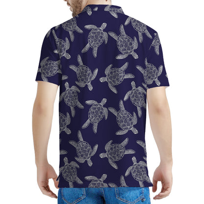White And Blue Turtle Pattern Print Men's Polo Shirt