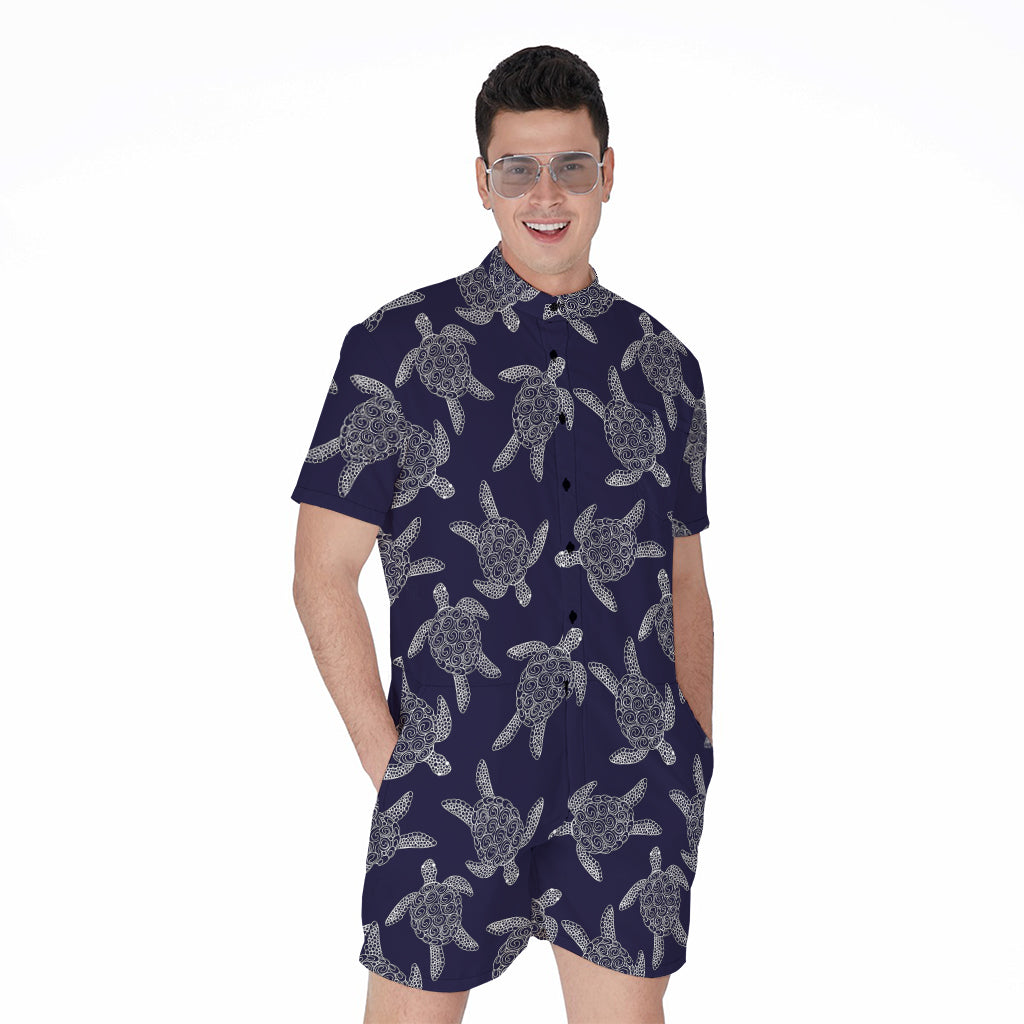 White And Blue Turtle Pattern Print Men's Rompers