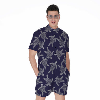 White And Blue Turtle Pattern Print Men's Rompers