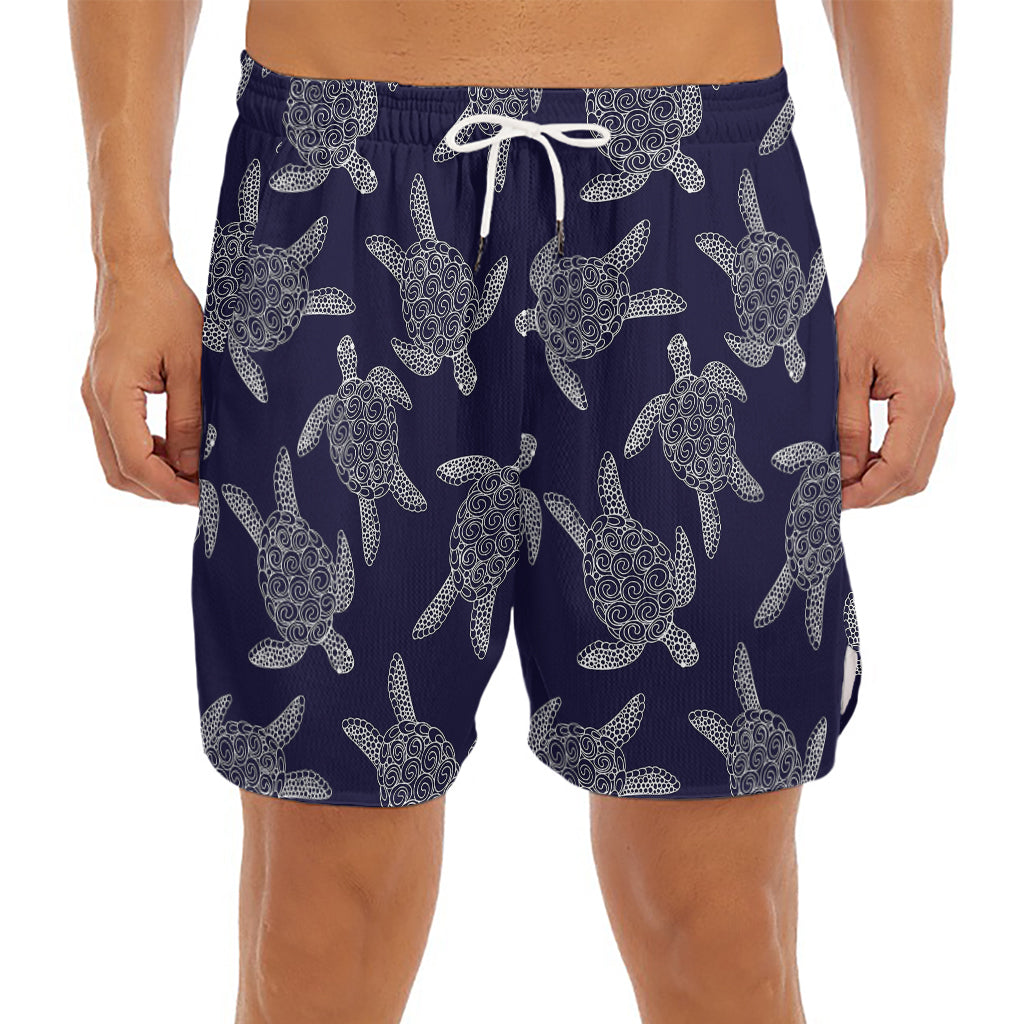 White And Blue Turtle Pattern Print Men's Split Running Shorts