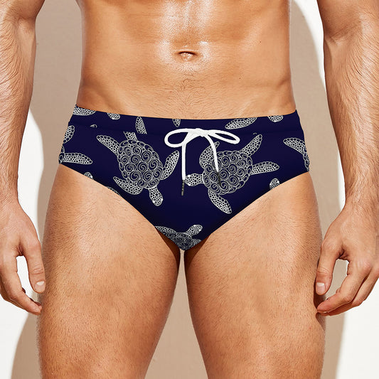 White And Blue Turtle Pattern Print Men's Swim Briefs
