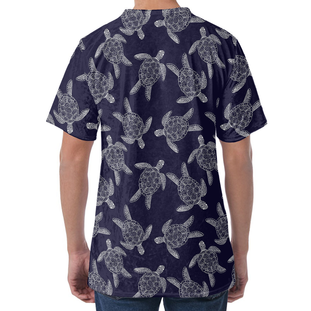White And Blue Turtle Pattern Print Men's Velvet T-Shirt