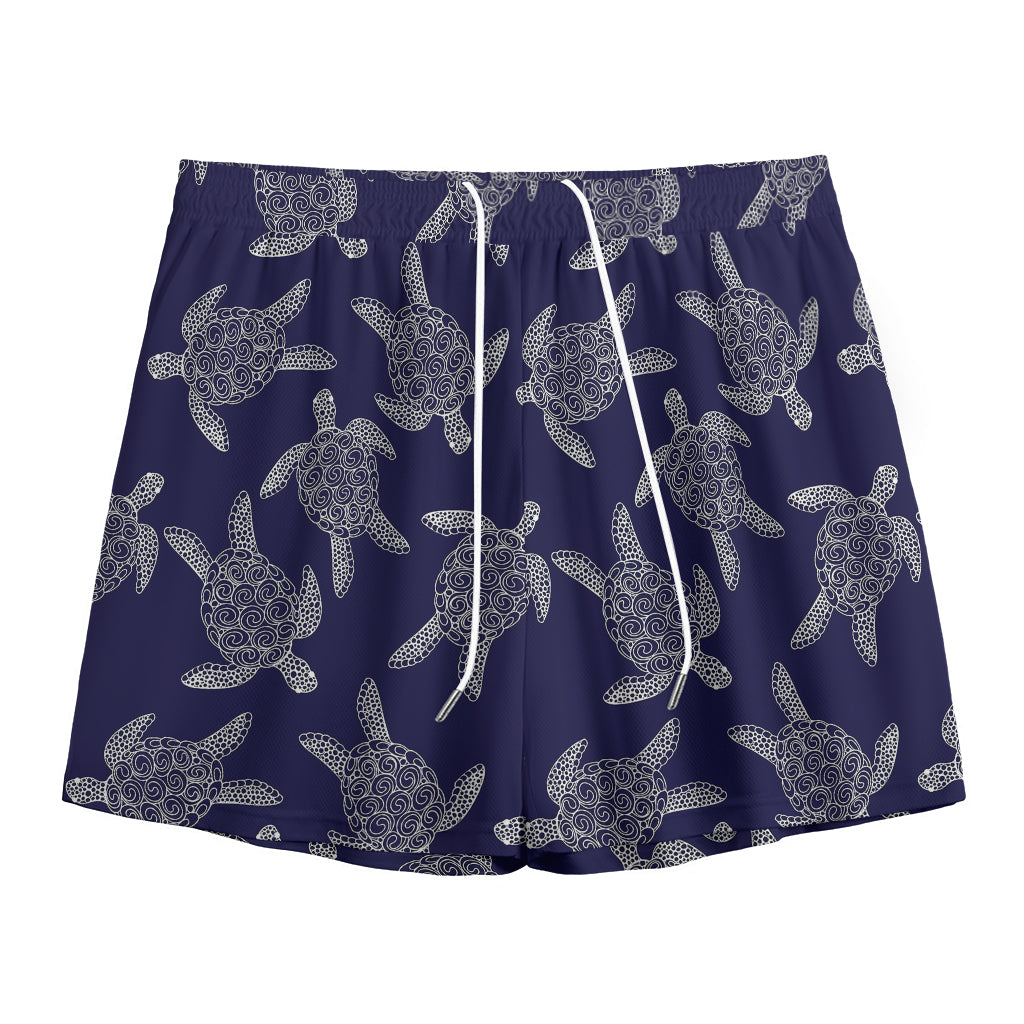 White And Blue Turtle Pattern Print Mesh Shorts