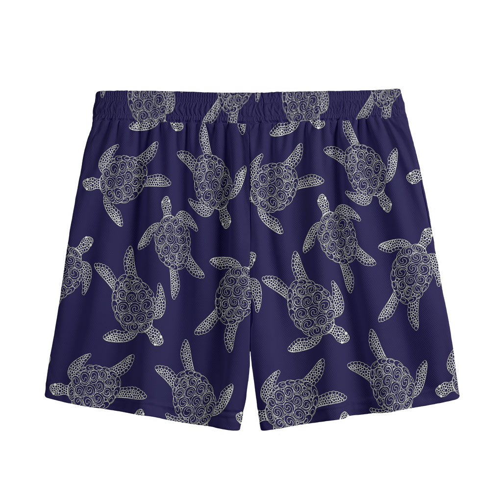 White And Blue Turtle Pattern Print Mesh Shorts