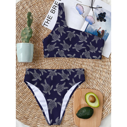 White And Blue Turtle Pattern Print One Shoulder Bikini Top