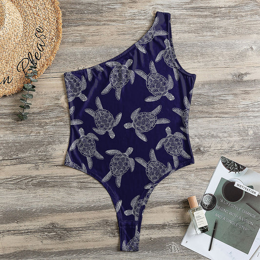 White And Blue Turtle Pattern Print One Shoulder Bodysuit