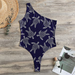 White And Blue Turtle Pattern Print One Shoulder Bodysuit