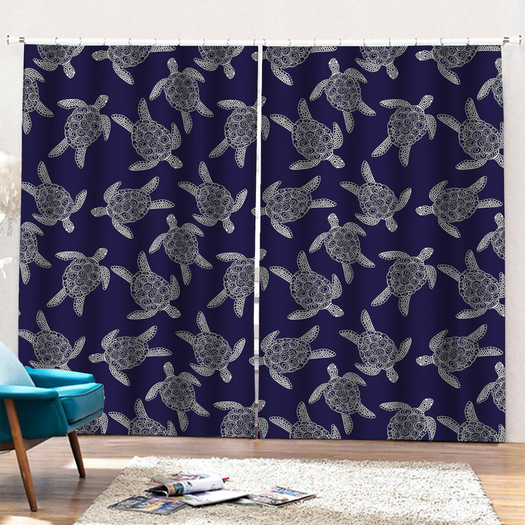 White And Blue Turtle Pattern Print Pencil Pleat Curtains