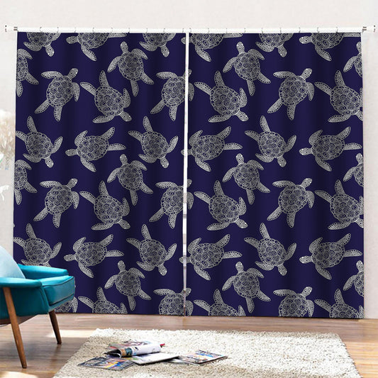 White And Blue Turtle Pattern Print Pencil Pleat Curtains