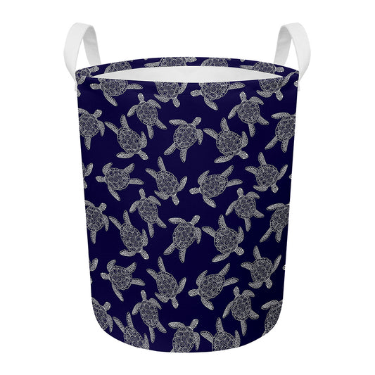 White And Blue Turtle Pattern Print Round Laundry Basket