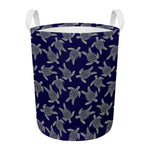 White And Blue Turtle Pattern Print Round Laundry Basket
