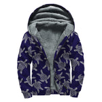 White And Blue Turtle Pattern Print Sherpa Lined Zip Up Hoodie