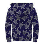 White And Blue Turtle Pattern Print Sherpa Lined Zip Up Hoodie