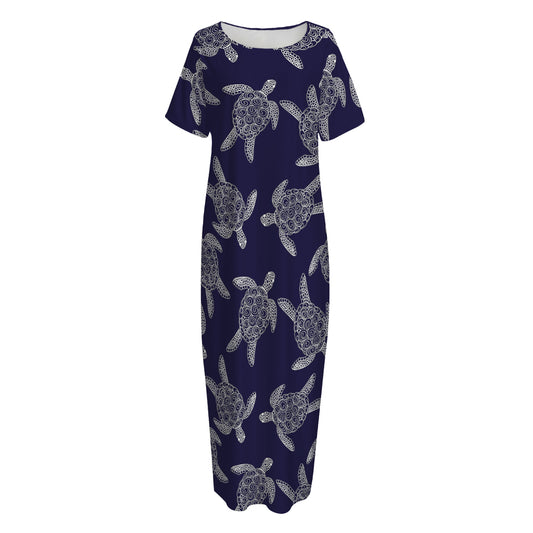 White And Blue Turtle Pattern Print Short Sleeve Long Nightdress