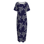 White And Blue Turtle Pattern Print Short Sleeve Long Nightdress
